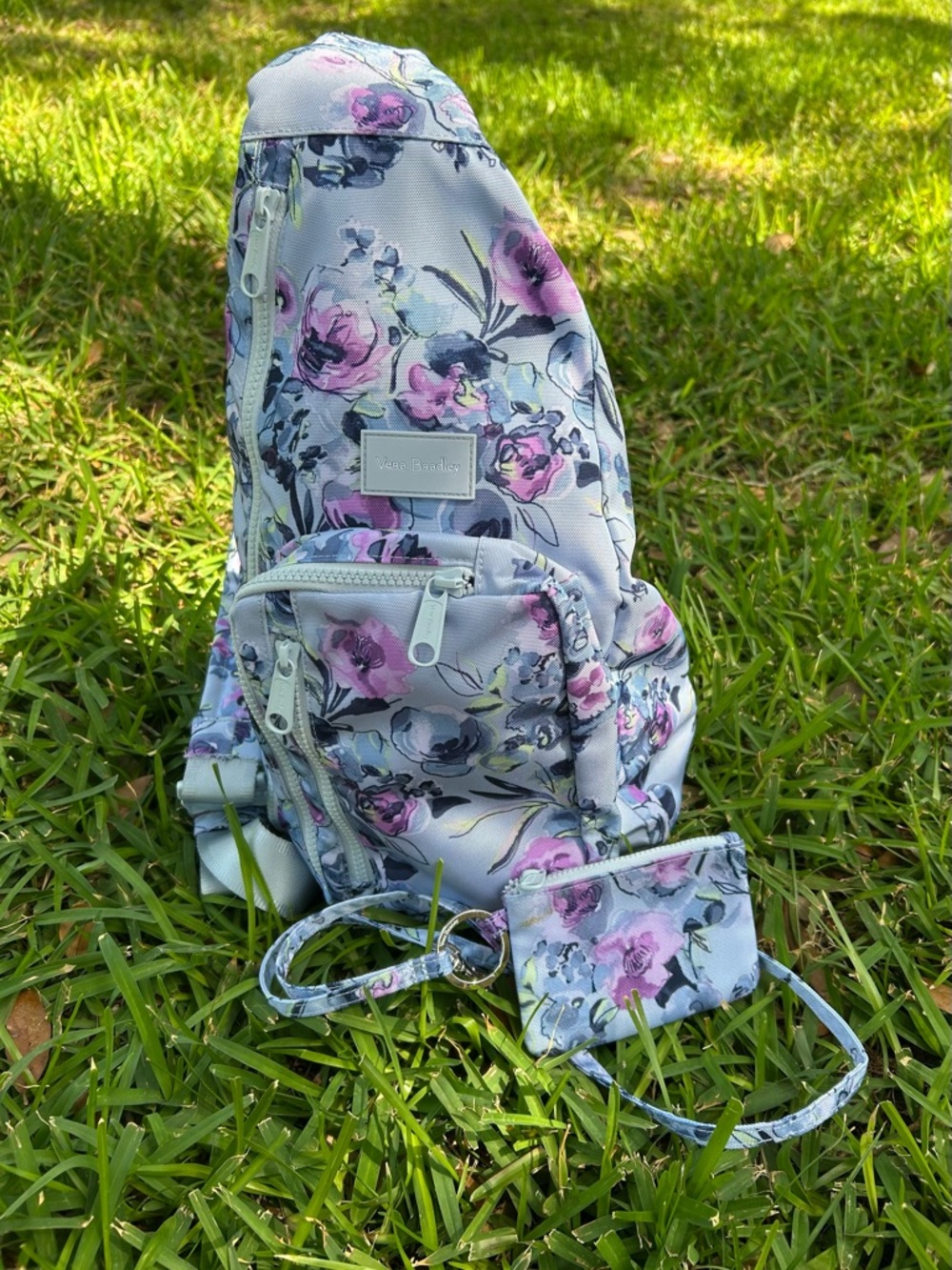 Vera Bradley Gray Sling Backpack with Pink Floral Print and Matching Lanyard